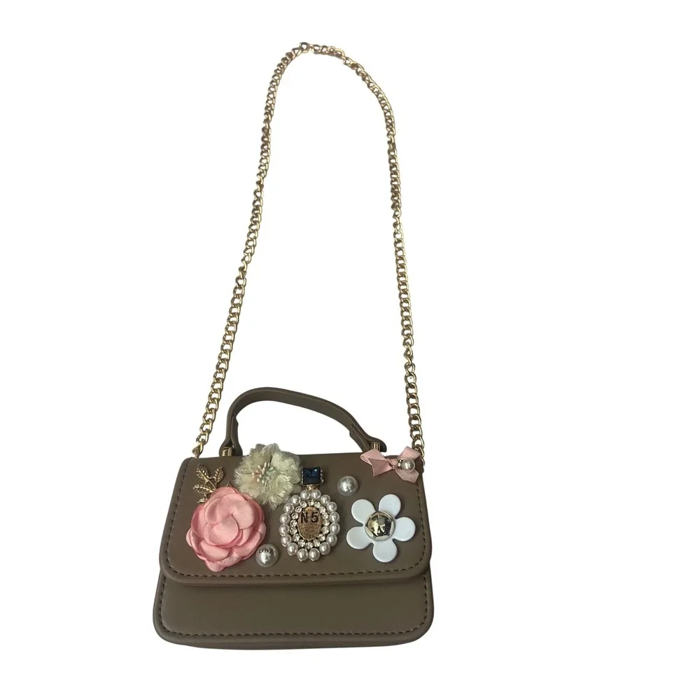 Girls Taupe Floral Applique Crossbody Bag Gold Chain Strap Mini Top Handle Purse